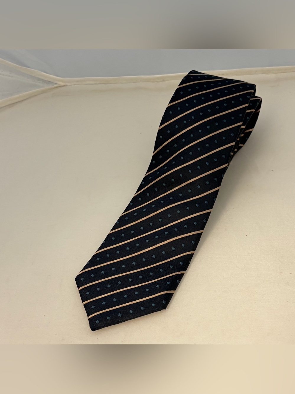 Shipley And Halmos Skinny Slim Blue Polka Dot Gold Striped Silk Tie